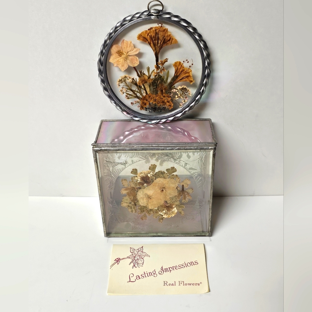 "Lasting Impression" Pressed Flower Trinket Box & Pewter Hanging Suncatcher VTG